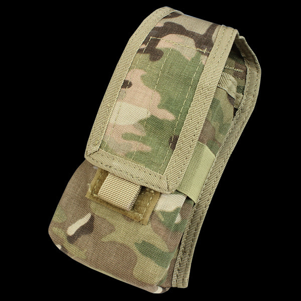 The Condor Radio Pouch in MultiCam is a camouflage-patterned tactical pouch with a flap closure and front Velcro strap, ideal for carrying small gear or accessories.